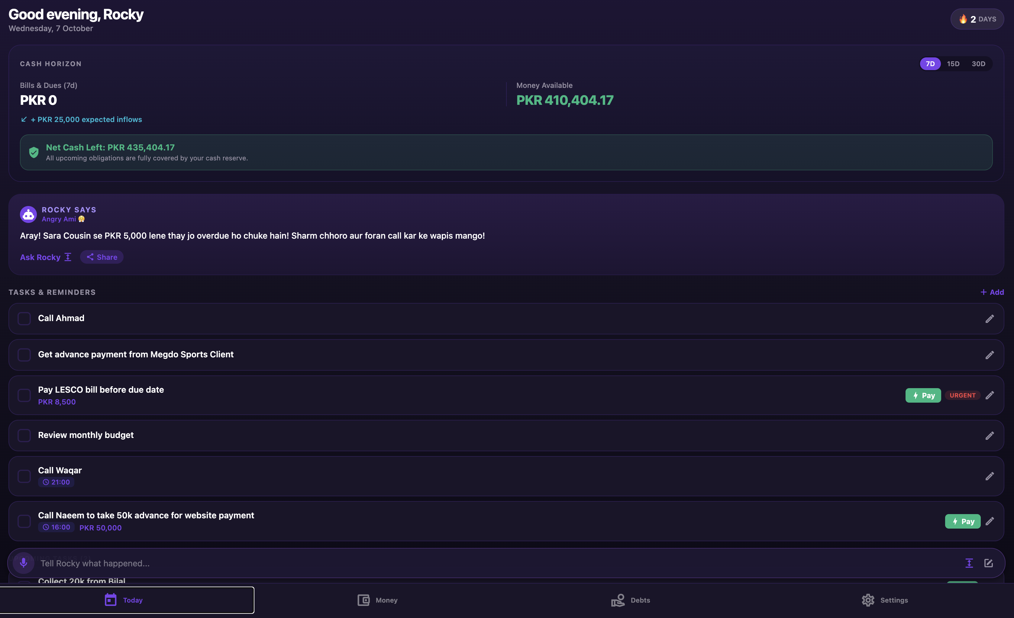 Rocky Cash Pro Today Screen with Cash Horizon and Angry Ami